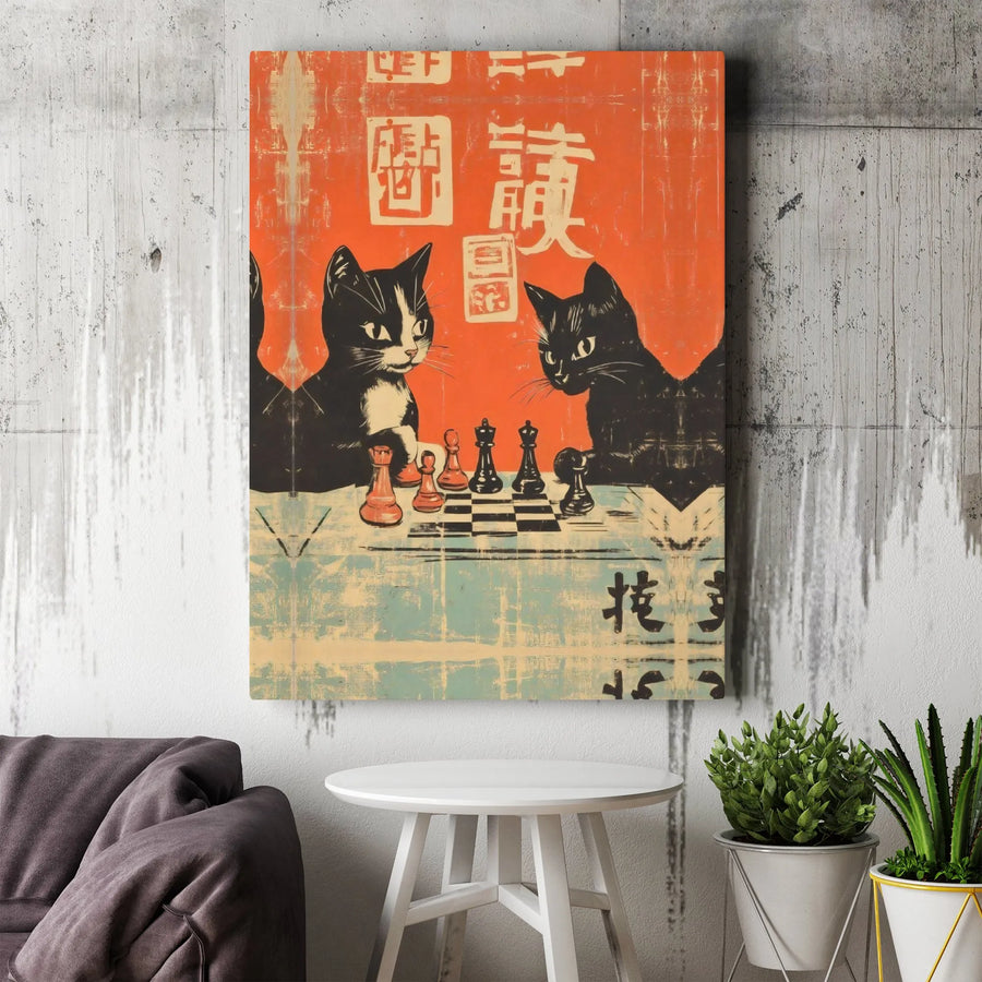 Cat Chess Canvas Wall Art | Vintage Japanese Style Illustration | 1.25 Inch Gallery Wrap Premium Print | Unique Gift for Cat Lovers & Gamers
