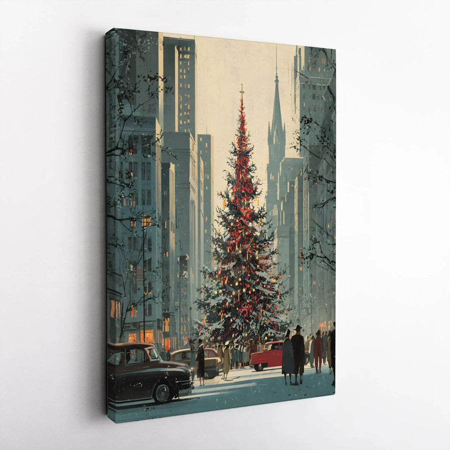 Vintage New York City Christmas Canvas Art | Retro Holiday Street Scene with Tree | Gallery-Quality Fade-Resistant Print | Festive Winter Home Decor