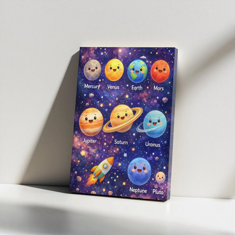 Solar System Planets Canvas Wall Art | Cute Cartoon Galaxy Illustration | Premium Thick Gallery Canvas | Educational Gift for Kids Room or Nursery Decor
