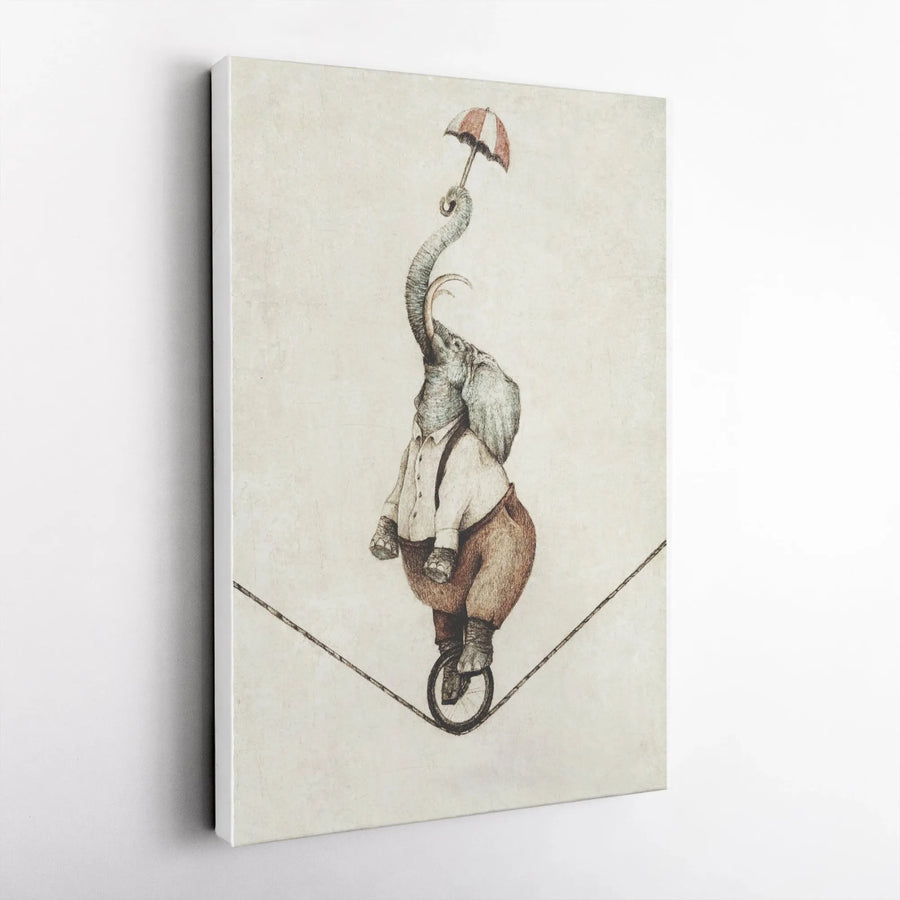 Circus Elephant Canvas Wall Art | Tightrope Walker on Unicycle | Premium Gallery Canvas | Whimsical Nursery Decor Gift
