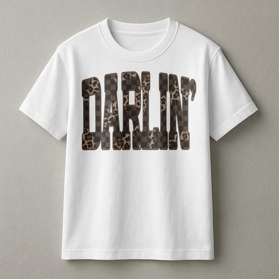 Darlin' Western T-Shirt | Leopard & Checkered Graphic Sweatshirt | Premium Cotton-Blend | Southern Cowgirl Gift for Country Music Fans