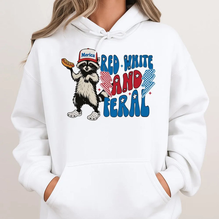 Red White and Feral Hoodie | Funny Raccoon 4th of July Design | Premium Cotton Blend | Unisex Patriotic American Gift for Raccoon Lovers