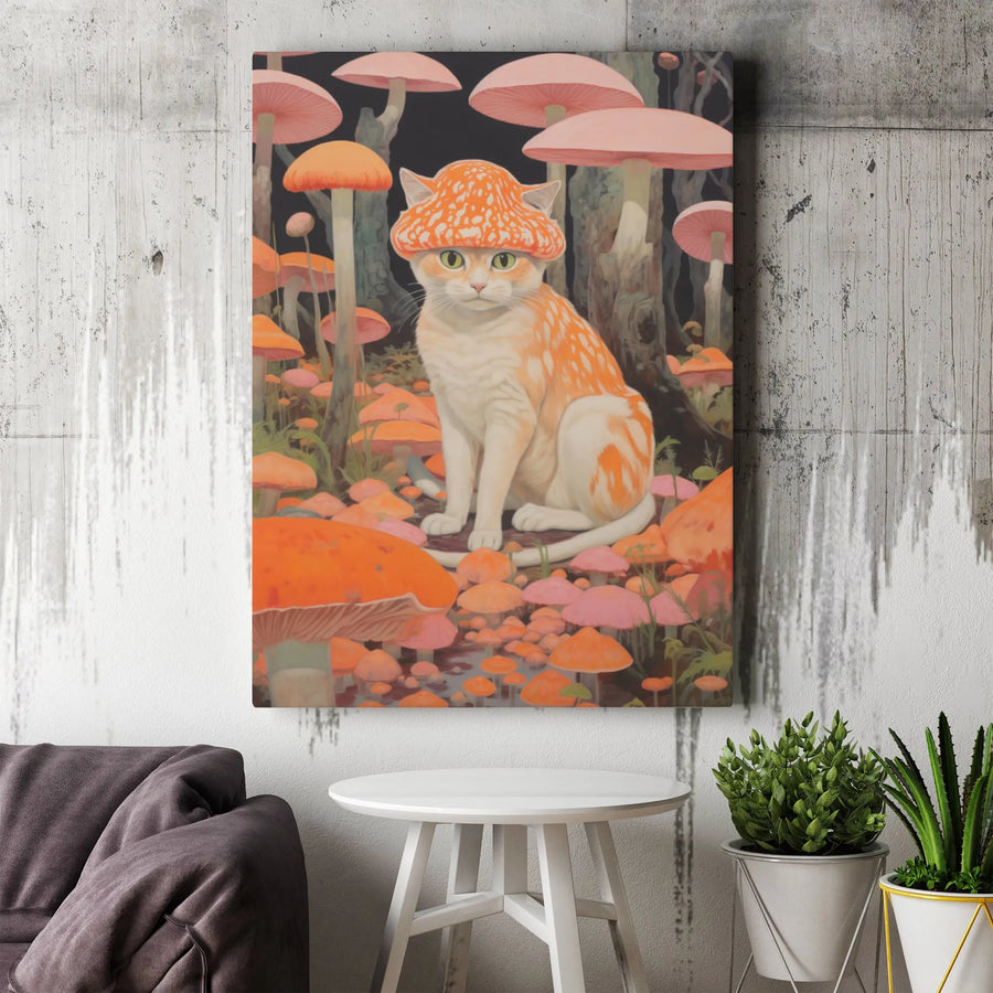 Orange Cat Canvas Print | Whimsical Mushroom Hat Forest Art | Premium Gallery Wrapped Decor | Nature Lover Gift Idea