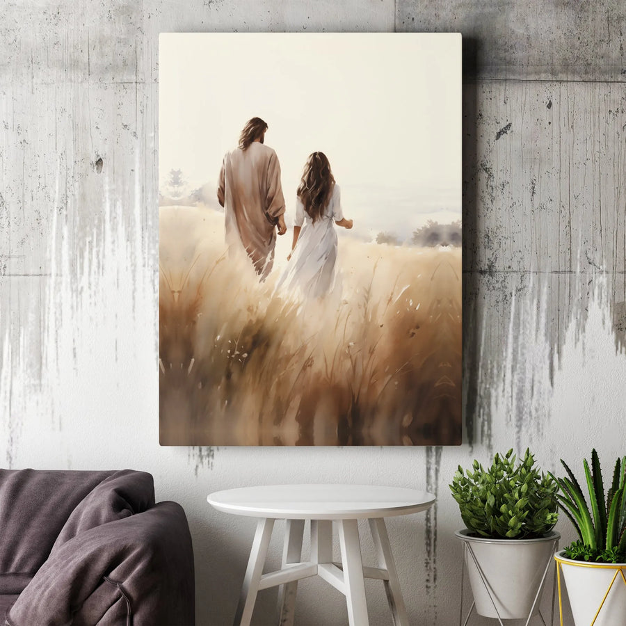 Jesus Walking with Woman Canvas Art | Serene Field Landscape Print | Gallery-Quality 1.25 inch Thick | Inspirational Religious Home Decor Gift