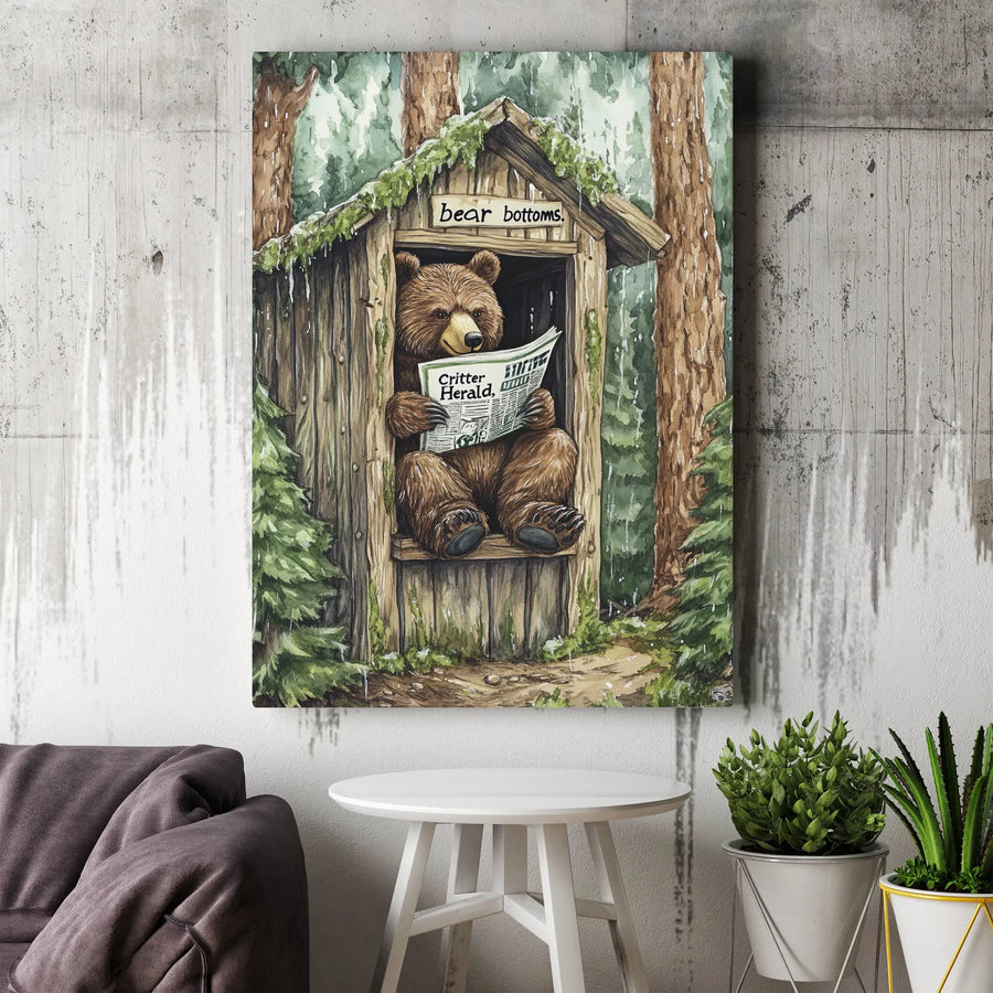 Funny Bear in Outhouse Wall Art | Whimsical Animal Reading Newspaper Print | Premium Gallery Wrap Canvas | Rustic Bathroom Decor Gift for Bear Lovers