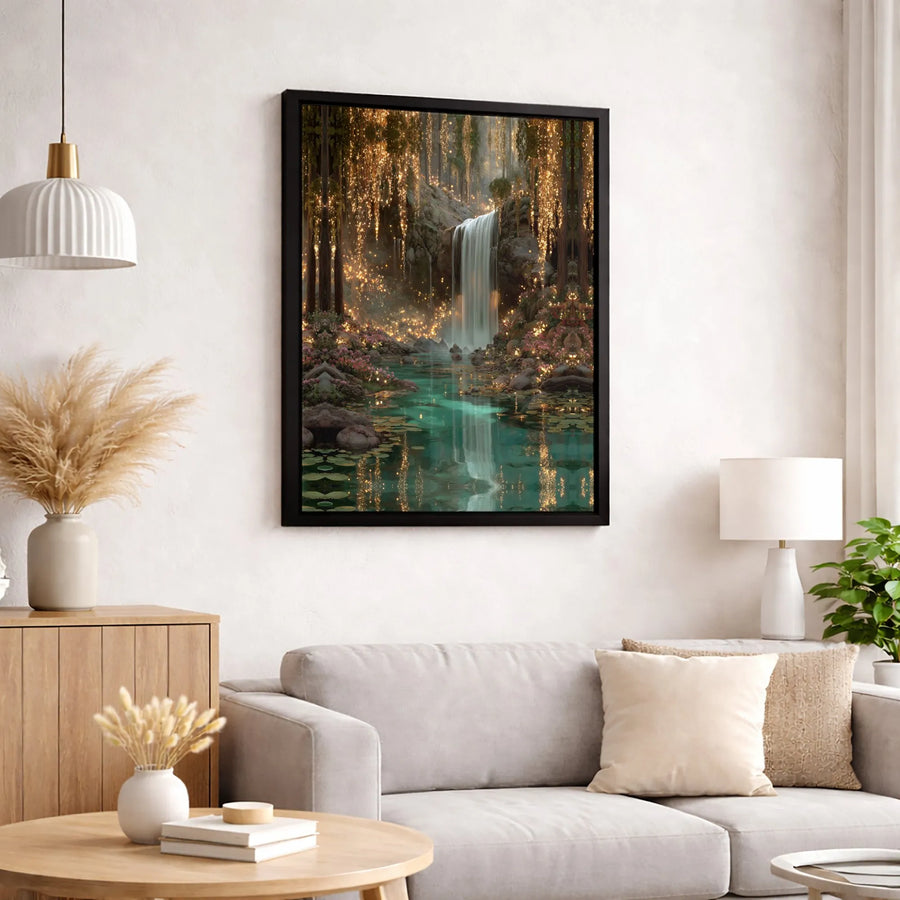 Enchanted Forest Canvas Print | Glowing Waterfall Fairy Garden Wall Art | 1.25-Inch Gallery Wrap | Magical Nature Decor For Living Room