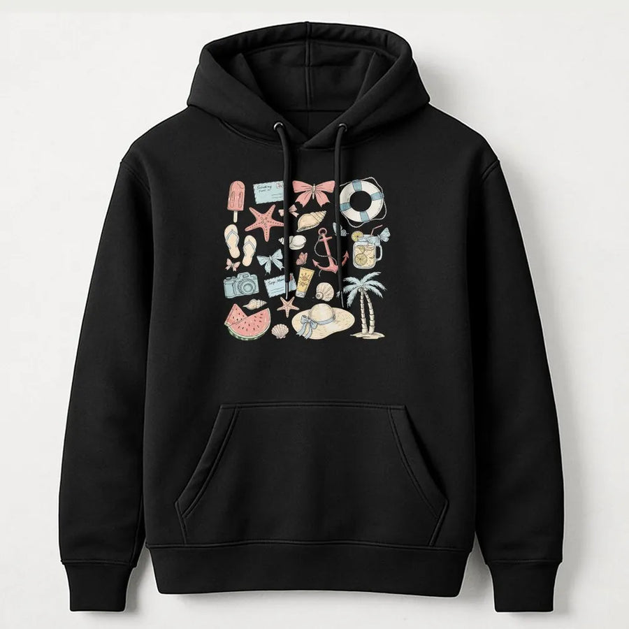 Coastal Coquette Hoodie | Vintage Summer Beach Icons Graphic | Soft Cotton Blend Pullover | Gift for Her, Girls Trip Vacation Outfit