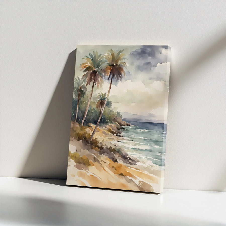 Tropical Beach Canvas Wall Art | Watercolor Palm Tree Seascape | Premium 1.25" Thick Gallery Wrap | Coastal Home Decor Gift