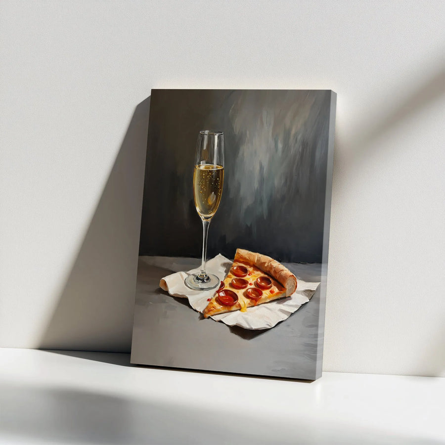 Pizza and Champagne Canvas Print | Realistic Still Life Painting | Premium Gallery Wrapped Canvas | Unique Kitchen & Bar Decor Gift