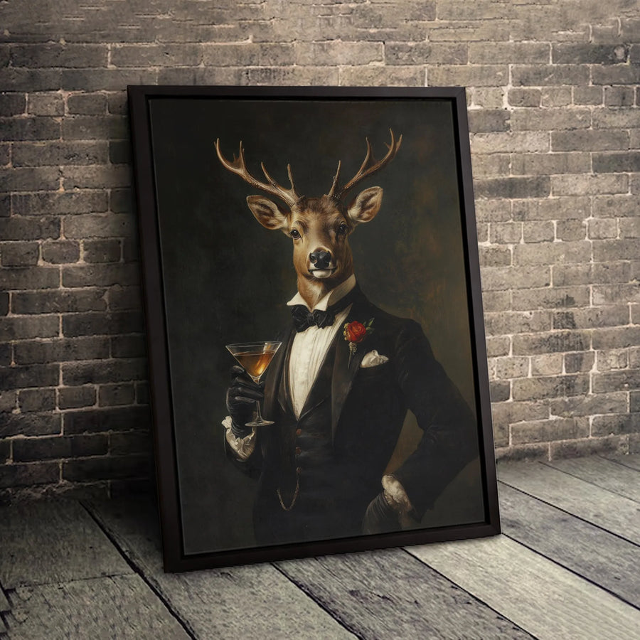 Deer in Tuxedo Martini Canvas Art | Gentleman Animal Portrait | 1.25-Inch Gallery Wrapped Canvas | Unique Home Office Wall Decor Gift