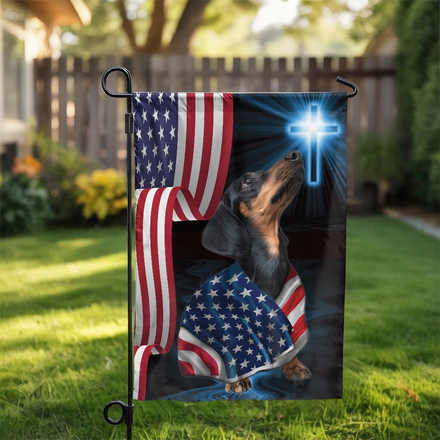 Dachshund Garden Flag | Patriotic American Flag & Cross Design | Premium Fade-Resistant Polyester | Memorial Day Yard Decor Gift