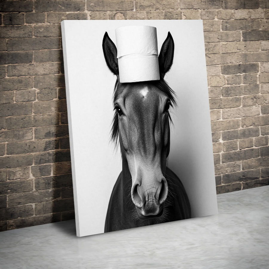 Funny Horse Wall Art | Toilet Paper Hat Portrait | Gallery Quality Canvas Print | Whimsical Farmhouse Bathroom Decor Gift