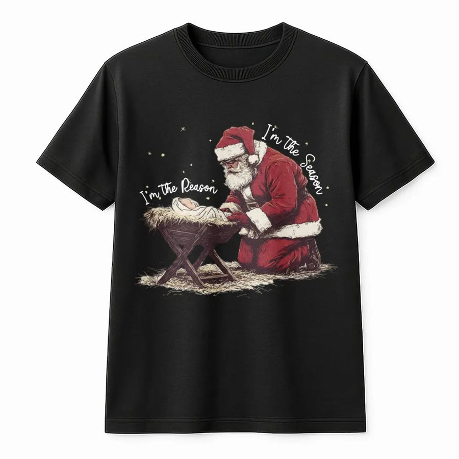Santa Kneeling Before Baby Jesus T-Shirt | I'm The Reason The Season Graphic | Premium 100% Cotton Tee | Christian Christmas Gift For Believers