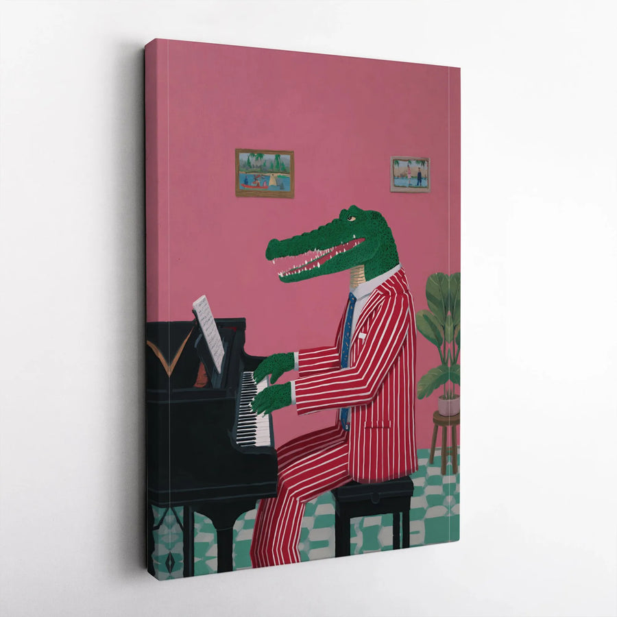 Alligator Playing Piano Canvas Art | Whimsical Animal Musician Print | Premium Gallery Wrapped Canvas | Eclectic Music Room Wall Decor Gift