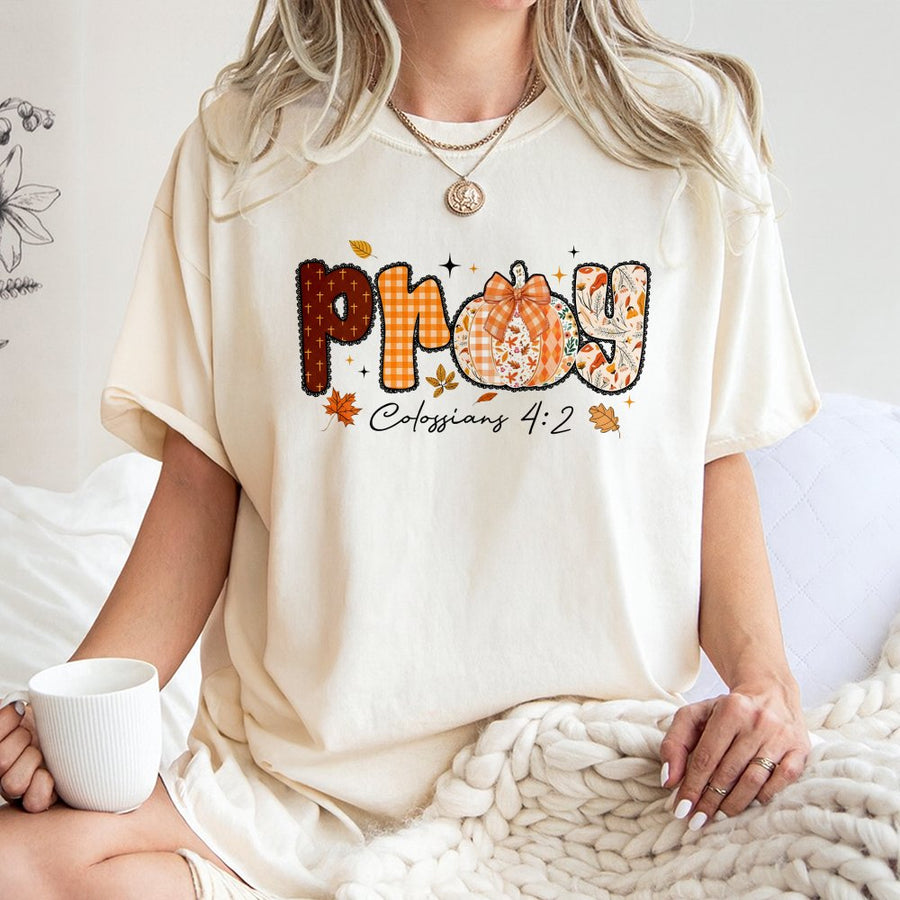 Pray Colossians 4:2 Fall T-Shirt | Pumpkin Spice Aesthetic Design | 100% Cotton Premium Tee | Christian Faith Gift for Women