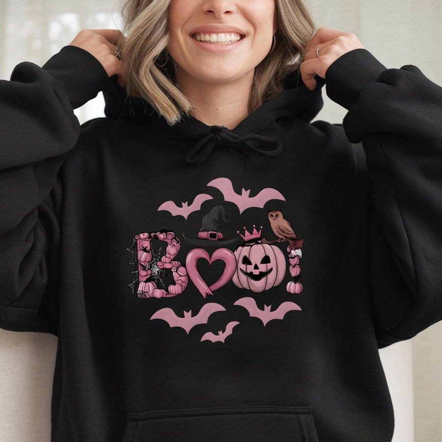 Pink Halloween Hoodie | Cute Boo Pumpkin Owl Graphic | Premium Cotton Blend | Spooky Fall Apparel Gift For Her