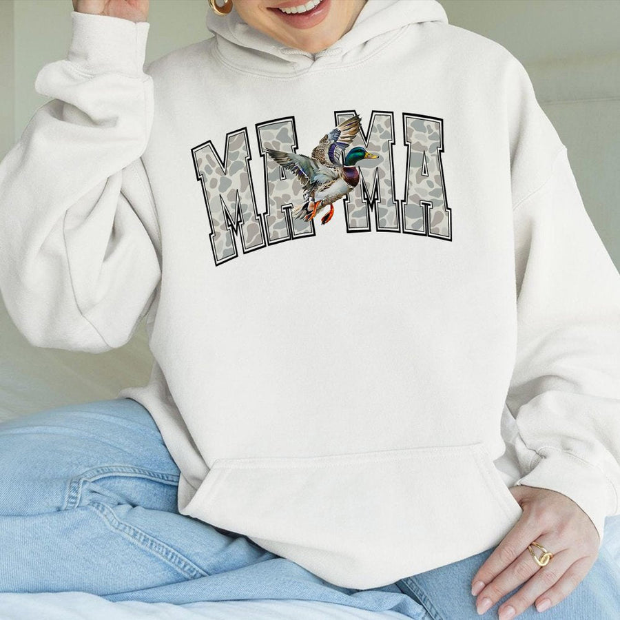 Duck Mama Hoodie | Camo Varsity Letter Graphic | Soft Cotton-Polyester Blend | Hunting Mom Gift For Her Outdoors Enthusiast