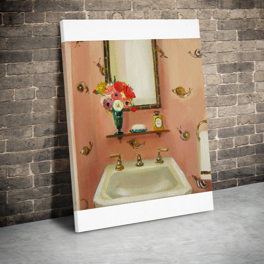Vintage Snail Bathroom Painting Canvas | Whimsical Escargot & Floral Art | Premium Gallery Wrapped Print | Unique Maximalist Home Decor Gift