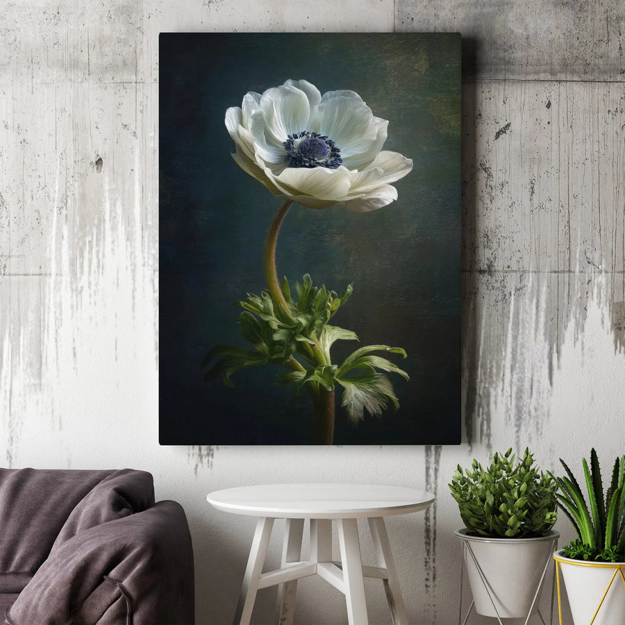 White Anemone Flower Wall Art | Dark Moody Botanical Still Life | Premium Gallery Canvas Print | Elegant Minimalist Home Decor Gift