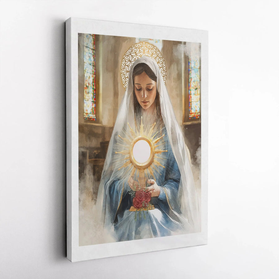 Virgin Mary Canvas Art | Blessed Mother Holding Monstrance With Roses | Premium 1.25" Gallery Wrap | Catholic Home Decor Gift