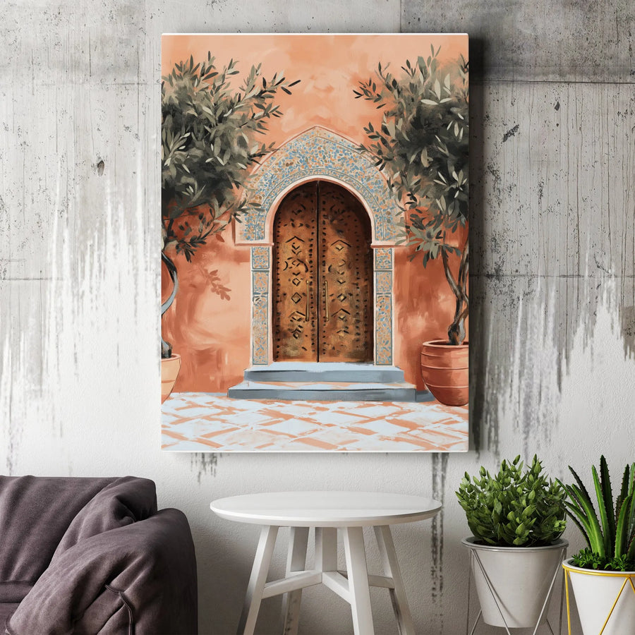 Moroccan Door Canvas Art | Watercolor Olive Tree Painting | Premium Gallery Wrapped Canvas | Bohemian Living Room Decor Gift