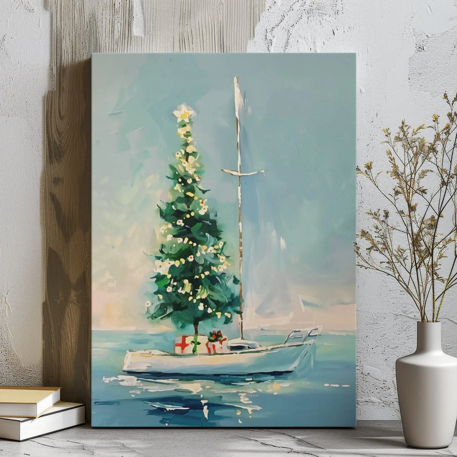 Coastal Christmas Tree On Sailboat Wall Art | Nautical Winter Holiday Painting | Premium Gallery Wrapped Canvas | Beach House Decor Gift