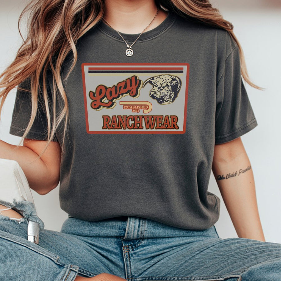 Lazy Ranchwear T-Shirt | Retro Western Highland Cow Graphic | 100% Soft Cotton Premium Tee | Vintage Country Style Gift For Ranchers & Cowgirls