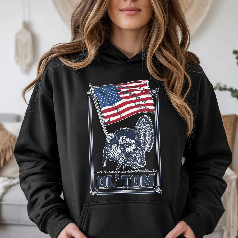 Turkey Hunting Hoodie | Ol' Tom Americana Graphic Print | Cotton-Polyester Blend | Premium Gift for Outdoorsmen & Wildlife Enthusiasts
