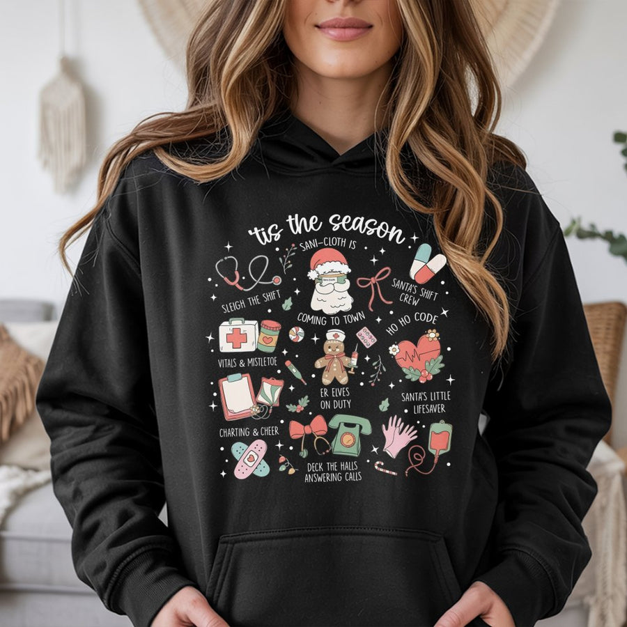 Nurse Christmas Hoodie | Tis The Season Medical Graphic Design | Cotton Blend Premium Gift | Festive Healthcare Worker Apparel