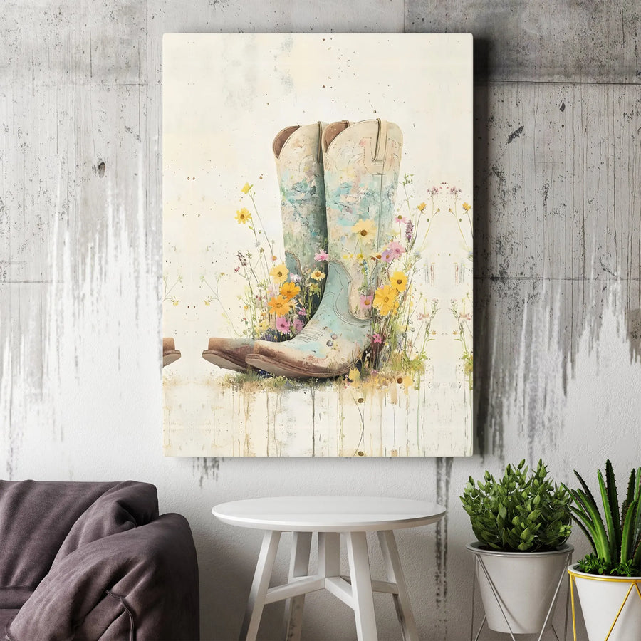 Watercolor Cowboy Boots Wall Art | Wildflower Western Decor Canvas | Premium Gallery-Wrapped Print | Farmhouse Gift For Country Home Decor