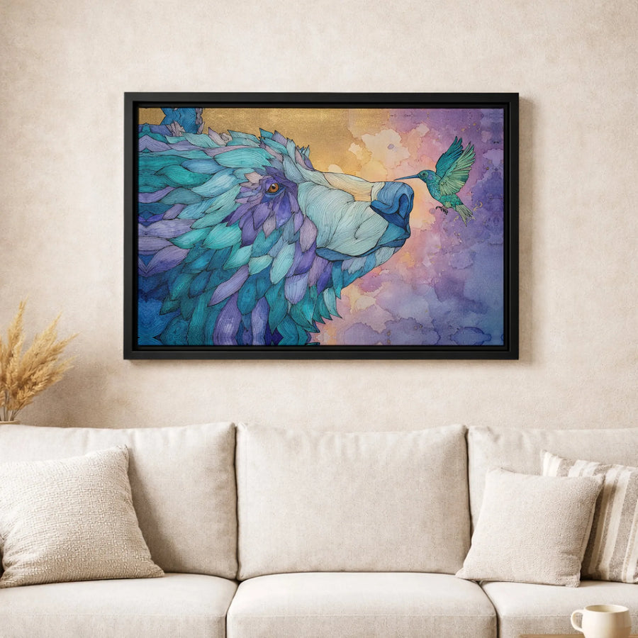 Bear and Hummingbird Wall Art | Watercolor Wildlife Canvas Print | Premium Gallery Wrapped Decor | Nature Lover Gift Idea