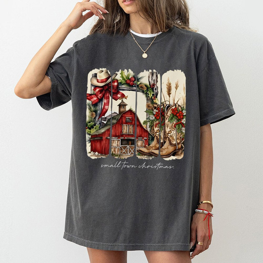 Small Town Christmas T-Shirt | Rustic Western Barn Cowgirl Graphic | 100% Cotton Premium Tee | Festive Holiday Gift for Women