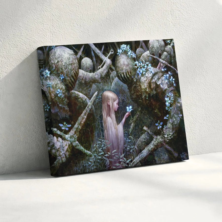 Dark Fantasy Canvas Wall Art | Girl in Forest of Stone Knights | Gallery Quality Print | Fantasy Art Collector Gift