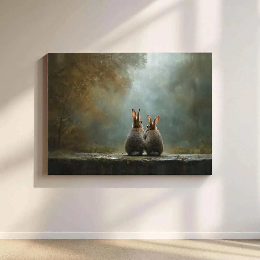 Two Rabbits Canvas Print | Misty Forest Wildlife Wall Art | Gallery Quality Premium Oil Painting Style | Nature Lover Gift Home Decor