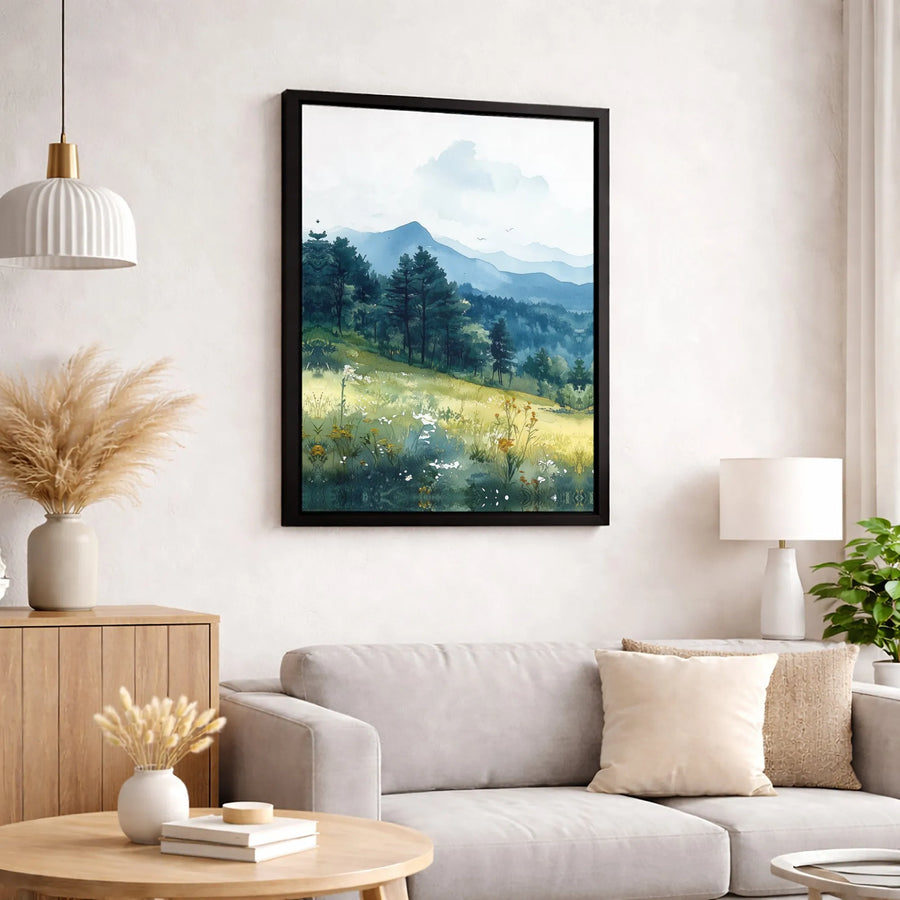 Watercolor Mountain Landscape Canvas | Wildflower Meadow Pine Forest Wall Art | Premium 1.25-Inch Gallery Wrap | Nature Home Decor Gift