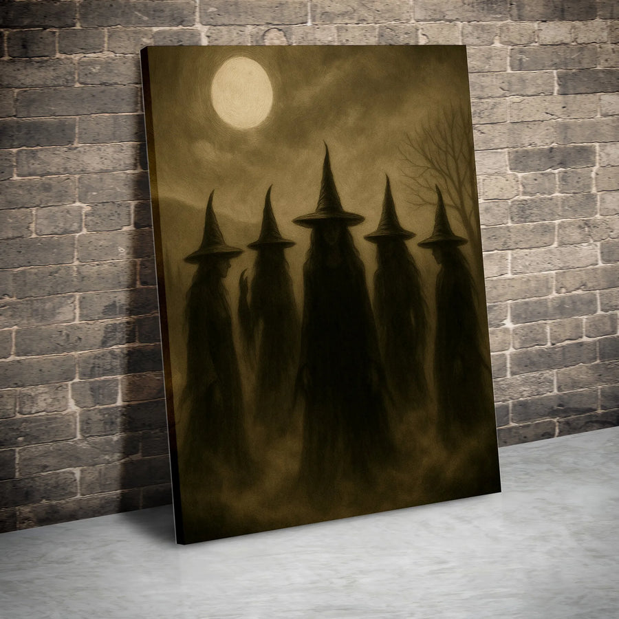 Gothic Coven Canvas Wall Art | Dark Academia Witch Silhouette Under Full Moon | Premium Gallery Wrapped Decor | Spooky Witchy Home Gift