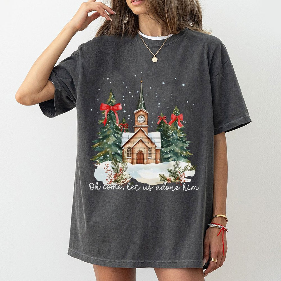 Oh Come Let Us Adore Him T-Shirt | Watercolor Church Christmas Design | 100% Cotton Premium Tee | Christian Holiday Gift for Women and Men