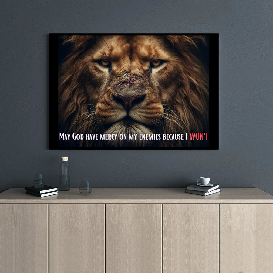 Lion Wall Art | May God Have Mercy On My Enemies Quote | Gallery Wrap 1.25" Premium Canvas | Inspirational Office Decor for Men