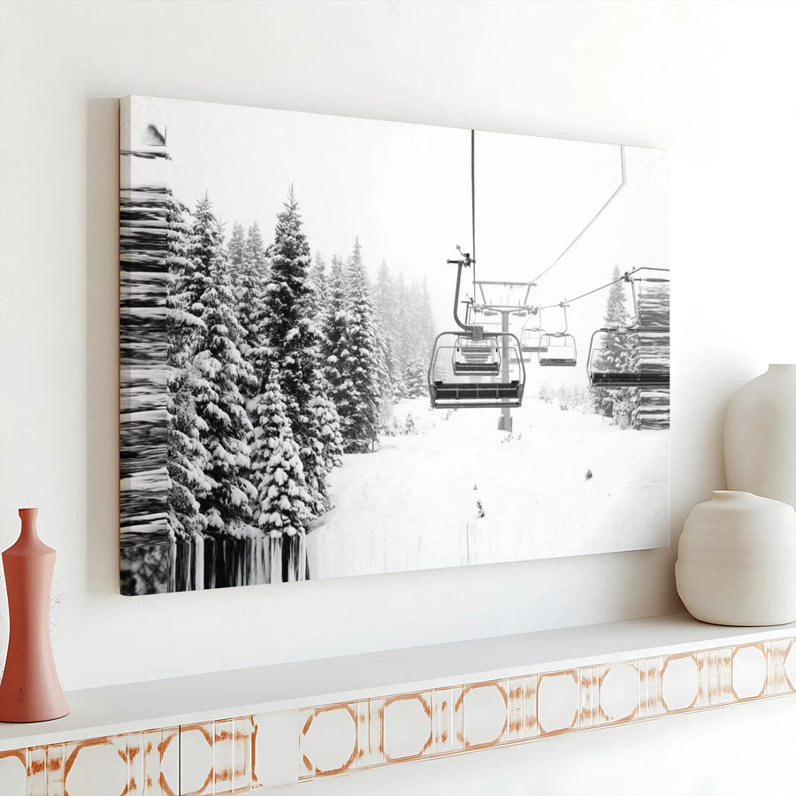 Ski Lift Canvas Wall Art | Snowy Pine Forest Glitch Print | Premium Gallery Wrap Decor | Winter Sports Gift for Home Office