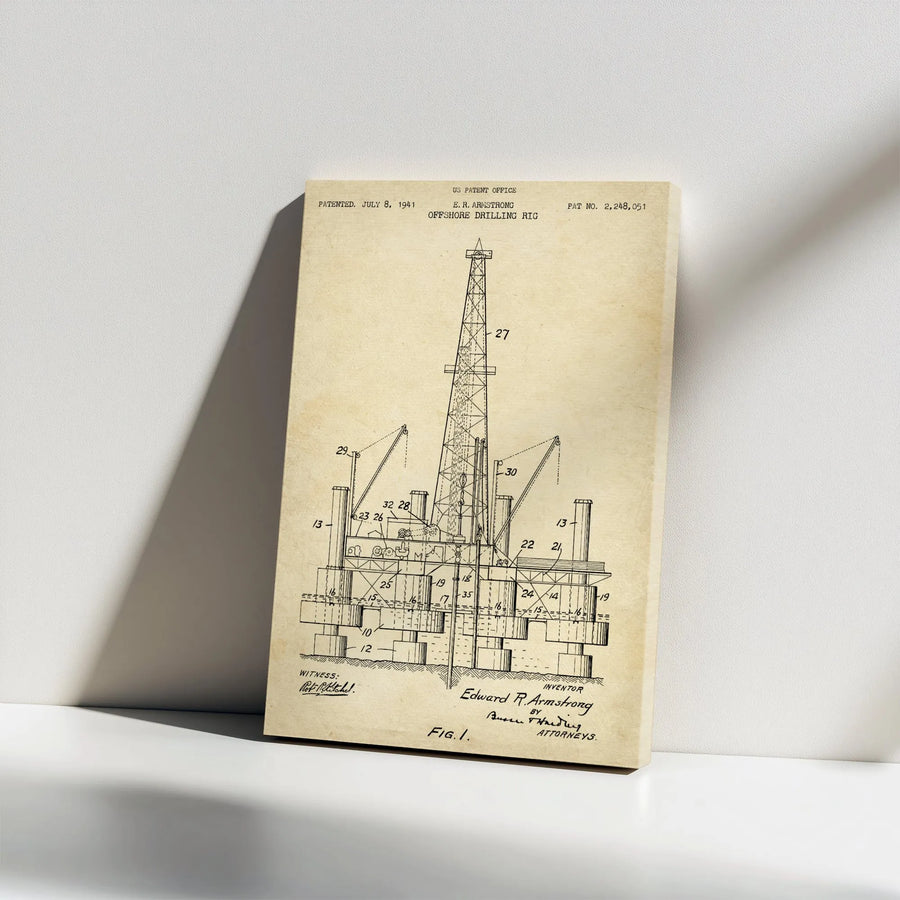 Vintage Oil Rig Patent Art Canvas | 1941 Offshore Drilling Blueprint | Premium Gallery Wrap | Industrial Decor Gift for Engineer