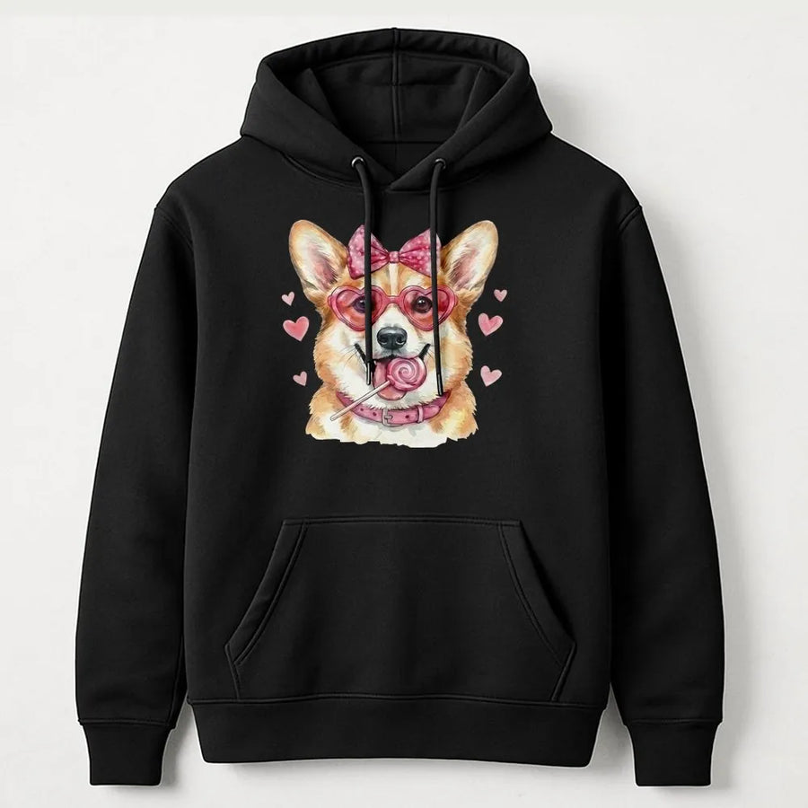 Corgi Hoodie | Cute Heart Glasses Dog Graphic | Premium Cotton Blend | Valentine Gift for Dog Mom Women