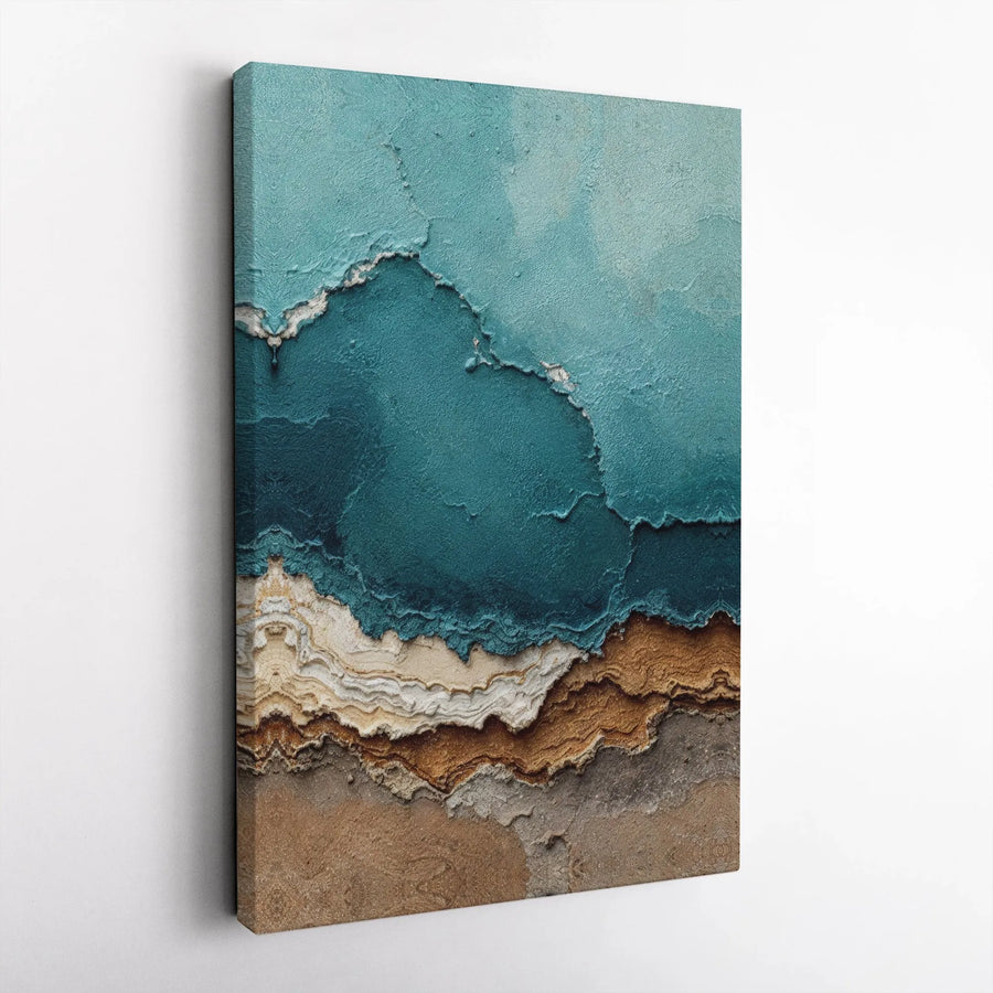 Abstract Coastal Strata Canvas Wall Art | Textured Teal and Earth Tones Print | 1.25-Inch Thick Gallery Profile | Modern Living Room Decor