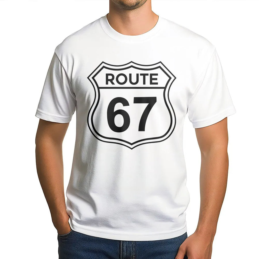 Route 67 T-Shirt | Classic Road Sign Graphic | Premium Cotton Unisex Tee | Funny Math Number Birthday Gift for Men and Women