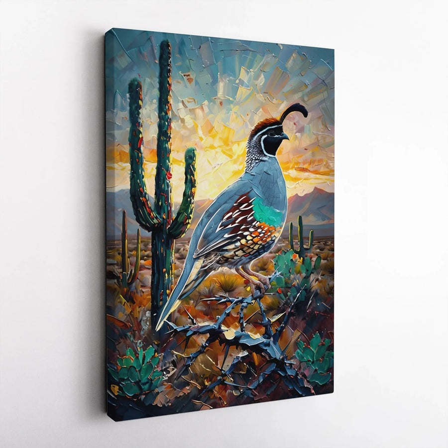 Desert Quail Wall Art | Impasto Saguaro Cactus Canvas Print | Gallery-Quality 1.25 Inch Profile | Southwestern Home Decor Gift