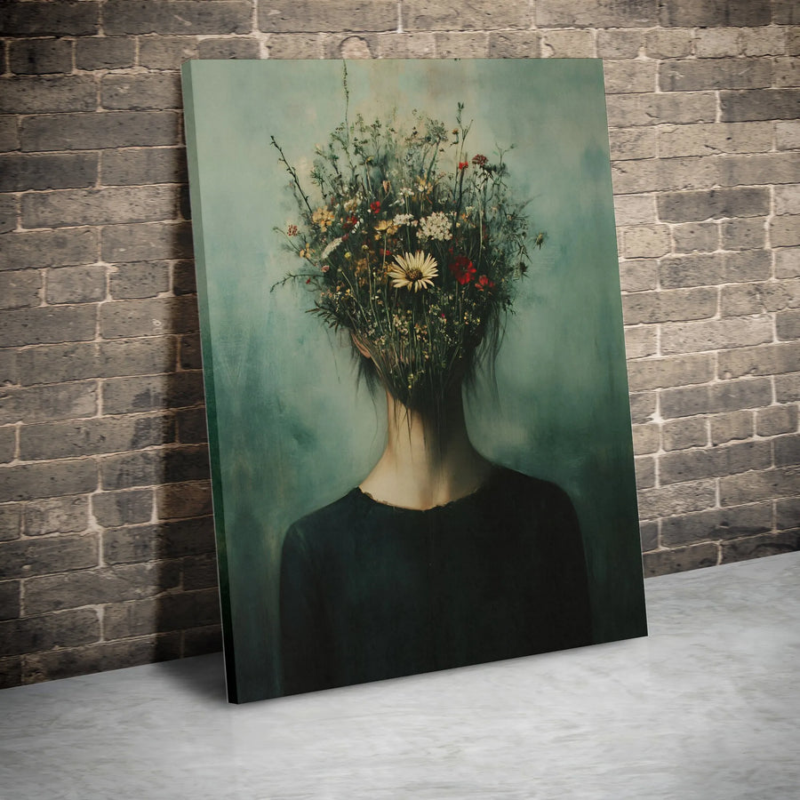 Surreal Floral Woman Canvas Wall Art | Moody Wildflower Bouquet Portrait | Premium Gallery Wrapped Print | Botanical Home Decor Gift for Her