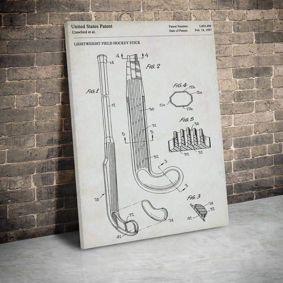 Field Hockey Stick Patent Print | Vintage Technical Drawing Wall Art | Premium Gallery-Wrap Canvas | Unique Gift for Field Hockey Coach and Players