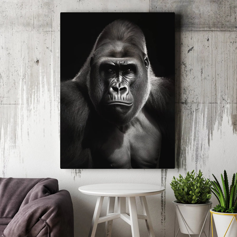 Silverback Gorilla Portrait Canvas | Intense Black and White Animal Wall Art | Premium Gallery Wrap Decor | Wildlife Home Office Gift