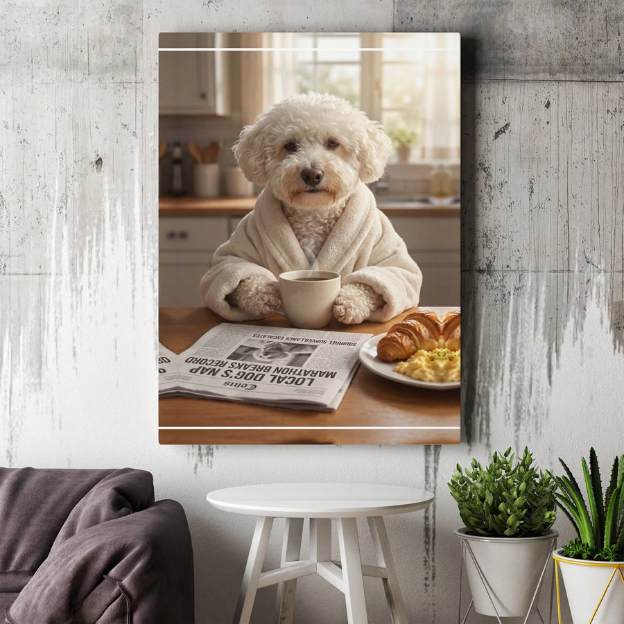 Funny Dog Reading Newspaper Canvas Wall Art | Whimsical Poodle in Robe with Morning Coffee | Premium Gallery Print | Unique Gift for Dog Lover & Kitchen Decor