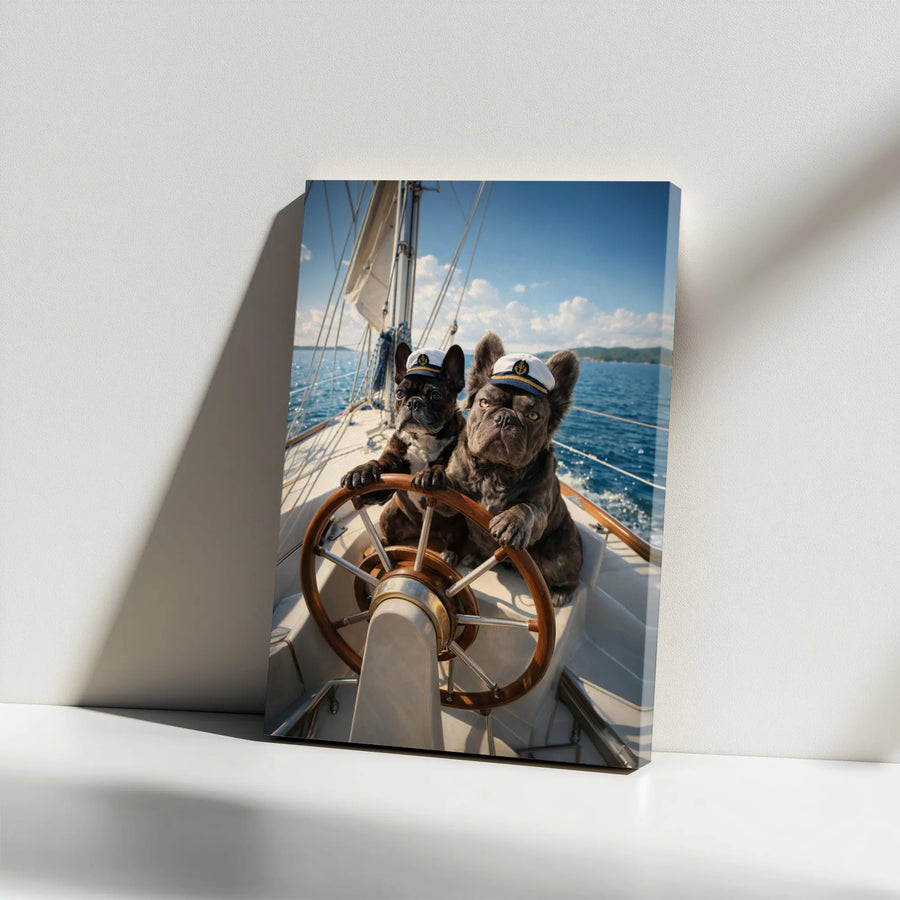 Funny French Bulldog Canvas Wall Art | Dog Captains on Sailboat Print | Premium Gallery Wrapped Canvas | Gift for French Bulldog Owner, Nautical Home Decor