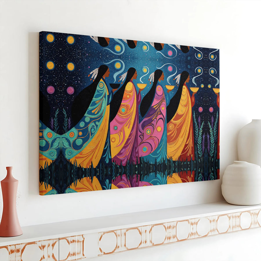Native American Art Canvas Print | Vibrant Spiritual Ceremony Scene | Premium Fade-Resistant Print | Collector's Gift for Home Decor